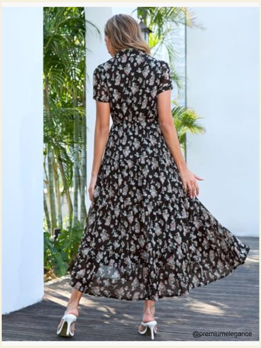 Floral Maxi Dress with Pockets, V-Neck, Tiered Skirt, Chiffon - Picture 3 of 7